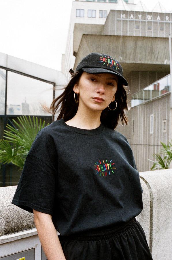 Black T-shirt With Be Happy Embroidered Design - Dreambutdonotsleep