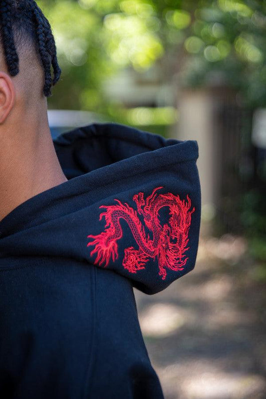 Black Hoodie With Red Dragon Embroidery - Dreambutdonotsleep