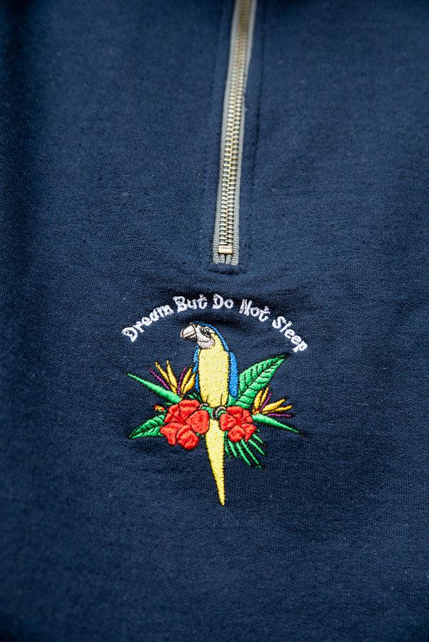 1-4 Zip Sweatshirt In Navy With Paradise Island Parrot Embroidery - Dreambutdonotsleep