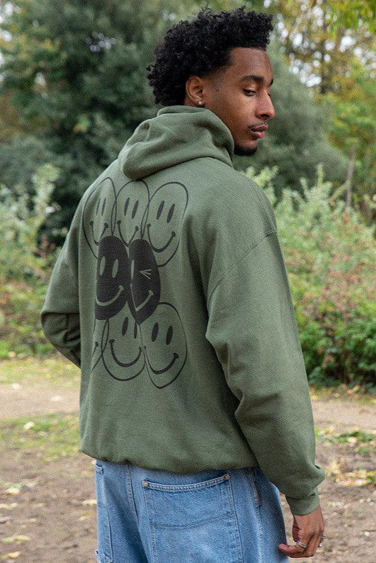 Hoodie in Military Green with 90s Rave Smiley Print - Dreambutdonotsleep