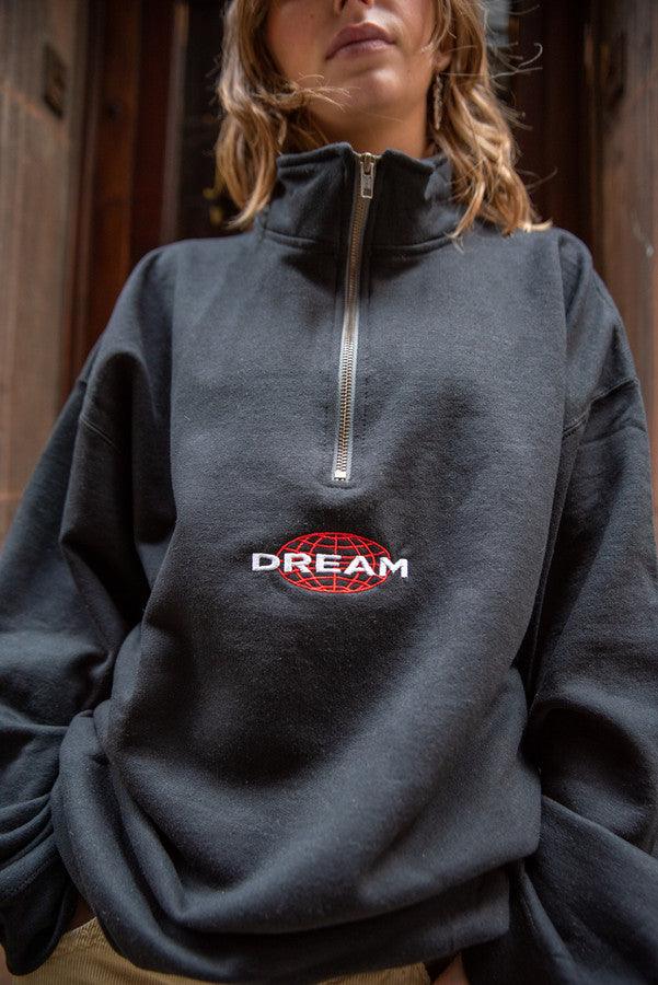 1-4 Zip Sweatshirt In Black With Dream Globe Embroidery - Dreambutdonotsleep