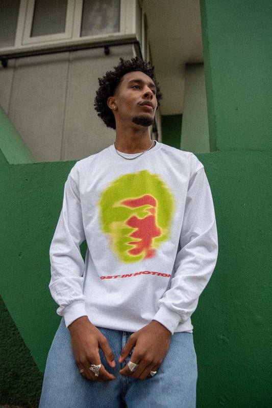 Long Sleeved T-Shirt in White With Lost In Motion Infrared Print - Dreambutdonotsleep