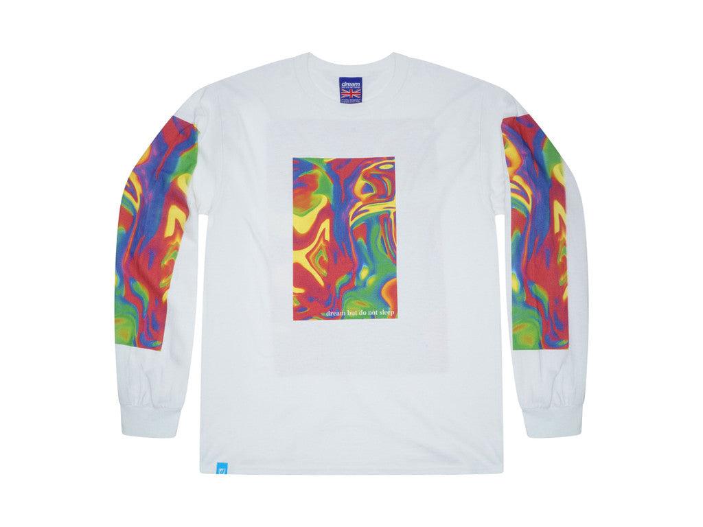 Long Sleeved T-shirt In White With Trippy Festival Print - Dreambutdonotsleep