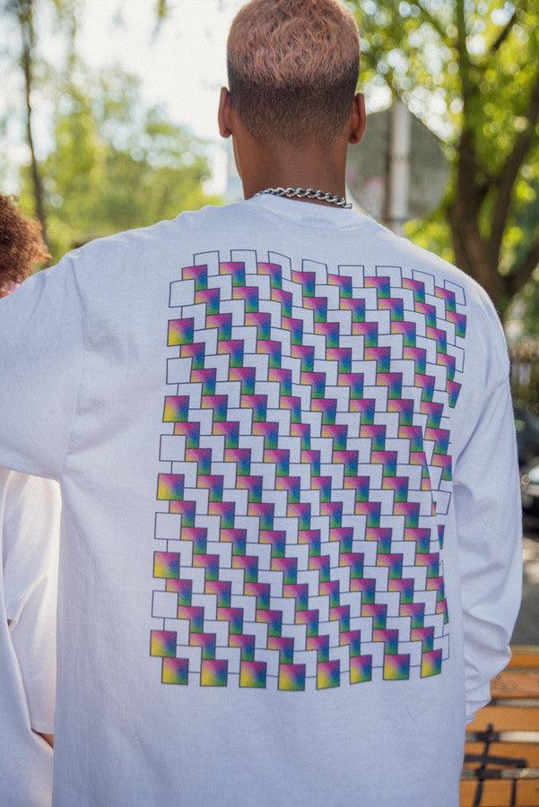 Long Sleeve Tshirt in White with Square Geometric Logo Print - Dreambutdonotsleep