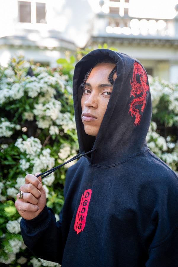 Black Hoodie With Red Dragon Embroidery - Dreambutdonotsleep