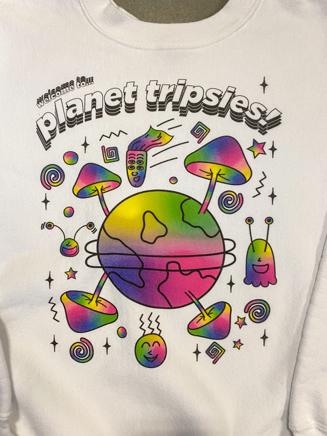 Reworked Champion Sweatshirt in White Planet Tripsies Print