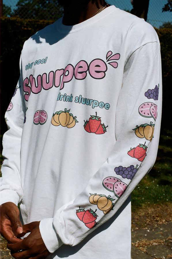 White Long Sleeved T-shirt With Printed Sluurpee Design - Dreambutdonotsleep