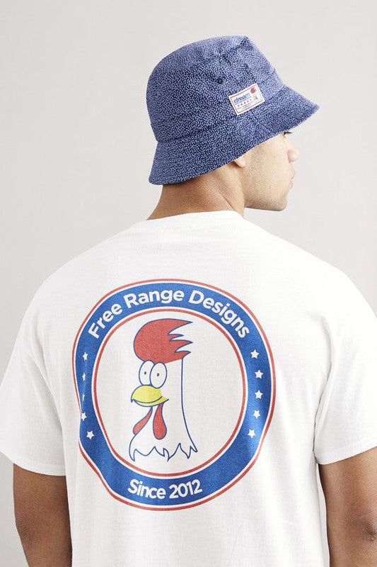 White Short Sleeved T-Shirt With Free Range Chicken Shop Print.