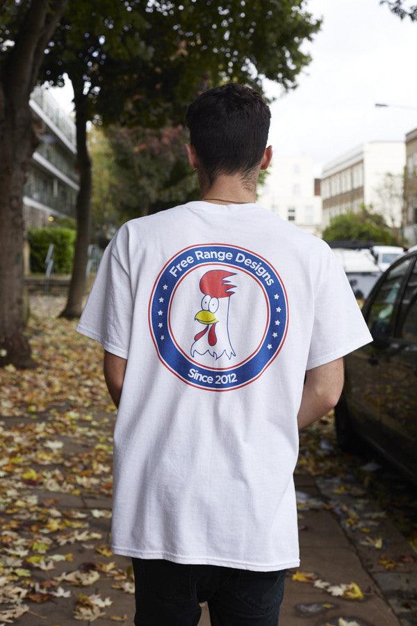 White Short Sleeved T-Shirt With Free Range Chicken Shop Print.