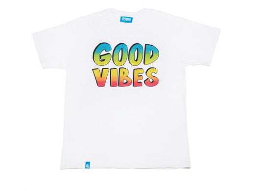 White Short Sleeved T-shirt With Good Vibes Print.